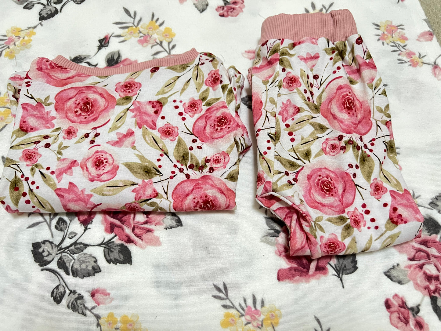 Long sleeve baby pajamas set, roses pattern, 100% cotton