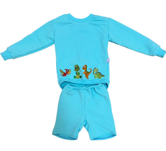 Matching Set Unisex Baby Long Sleeve SweatshirtTurquoise Dino Embroidery