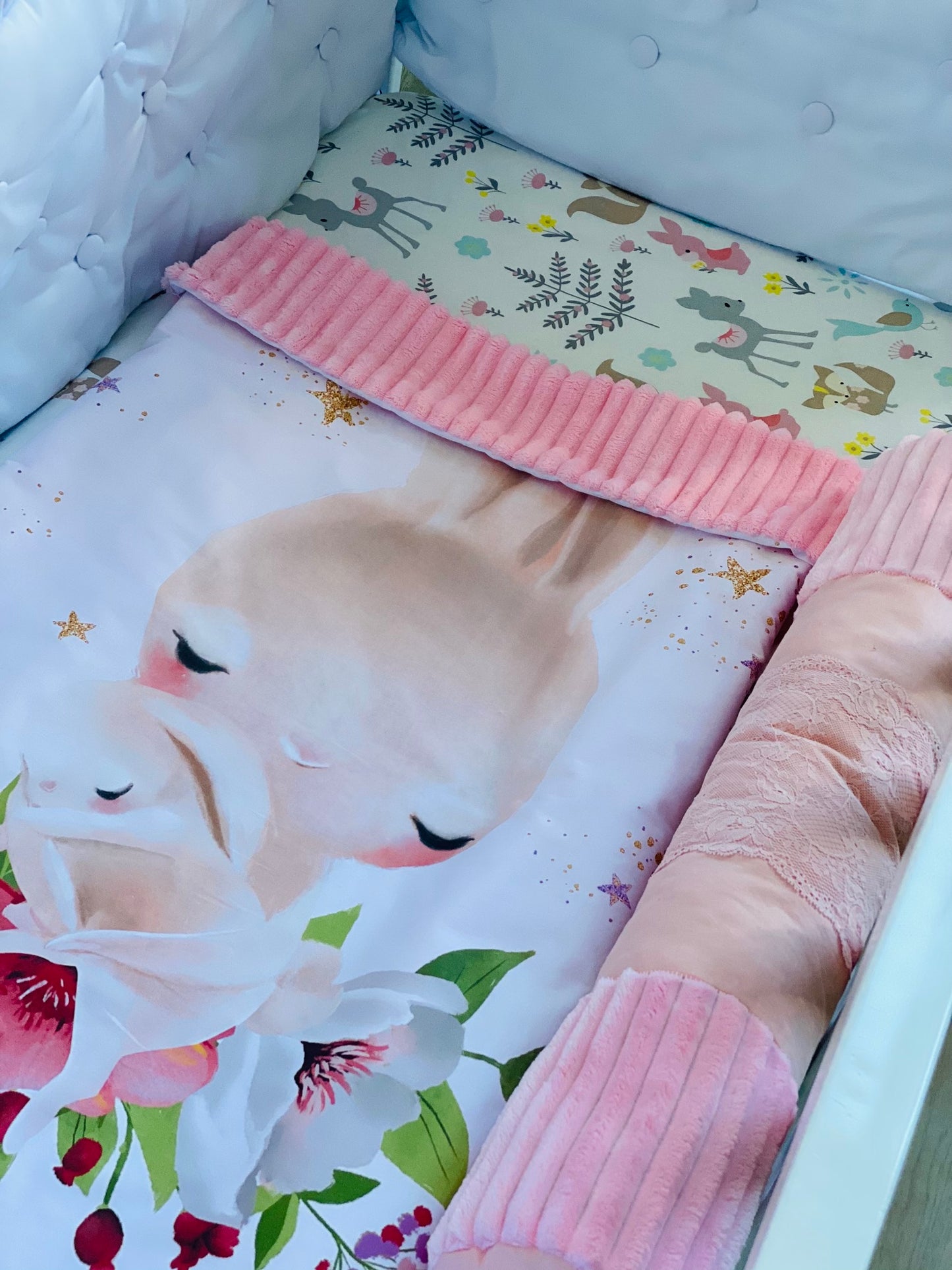 Rabbit pattern nursery bedding set Newborn blanket Fitted sheet cot bumpers