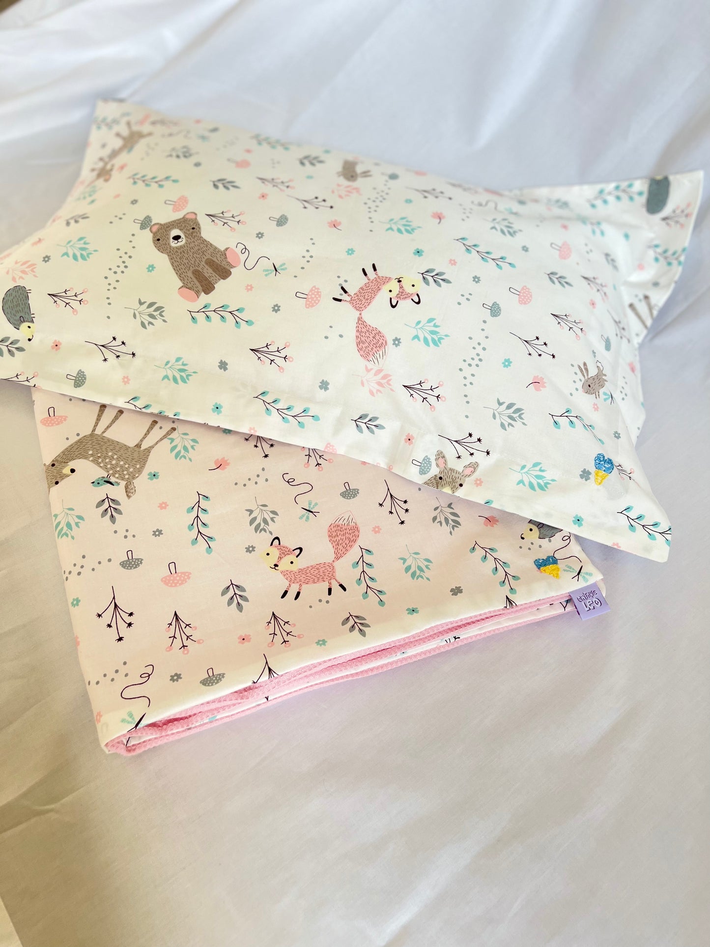 Lovely pink forest animals set, Duvet and Pillowcase, baby girl cot set