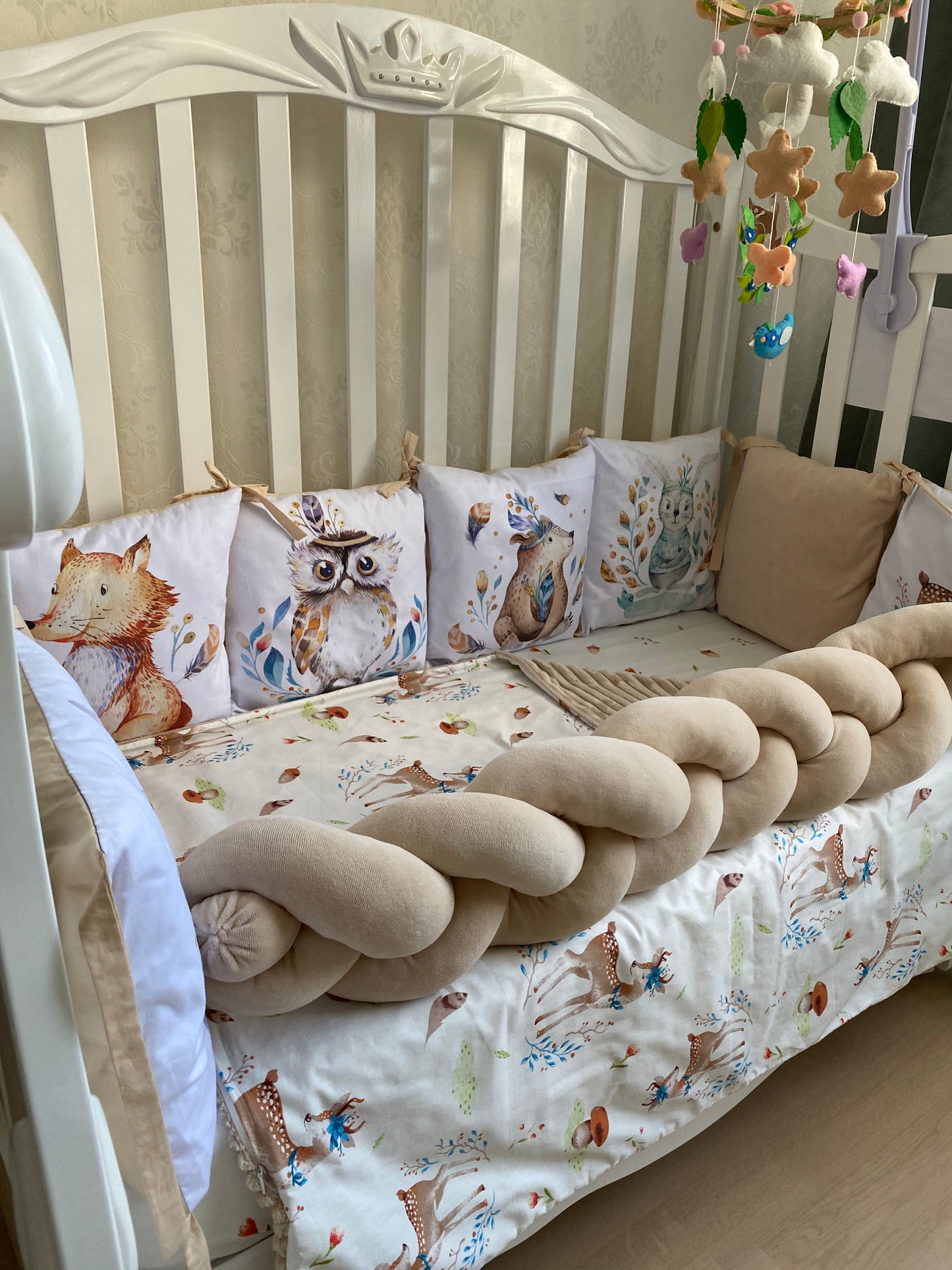 Wooden nursery bedding set Newborn blanket Fitted sheet cot bumpers