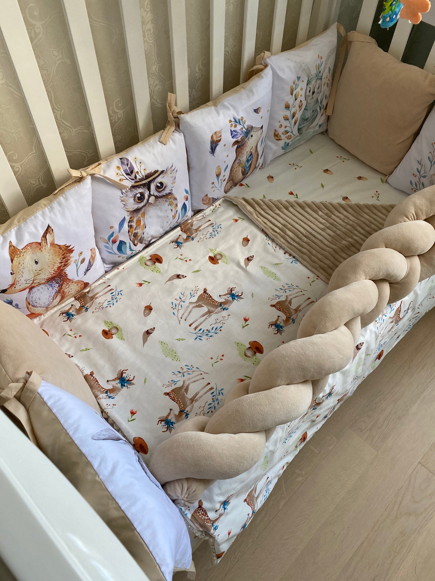 Wooden nursery bedding set Newborn blanket Fitted sheet cot bumpers
