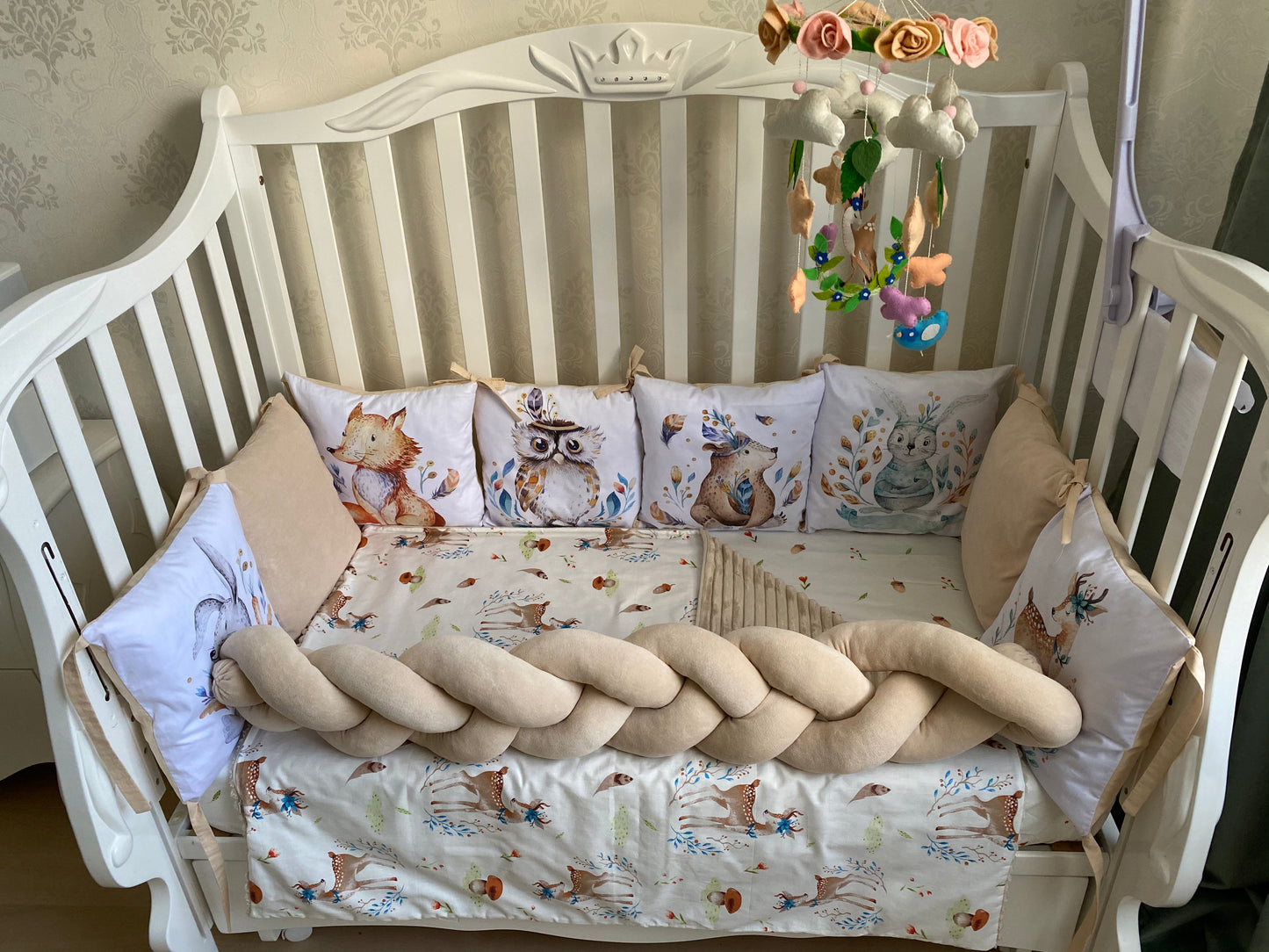 Wooden nursery bedding set Newborn blanket Fitted sheet cot bumpers
